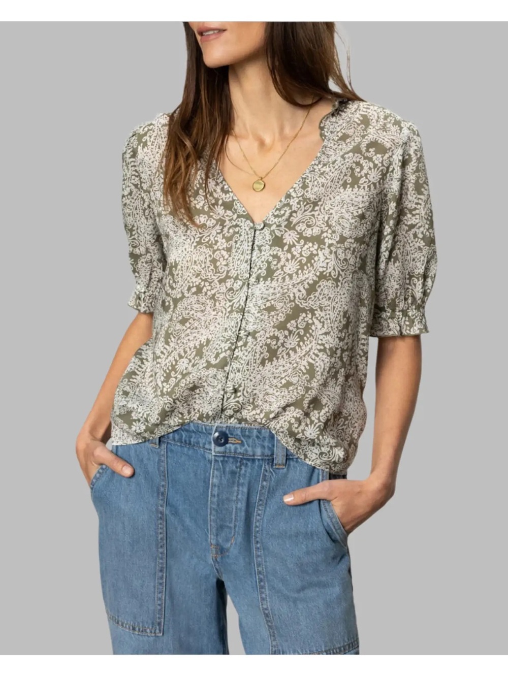 Sanctuary Olive Paisley V-Neck Button Front Blouse
